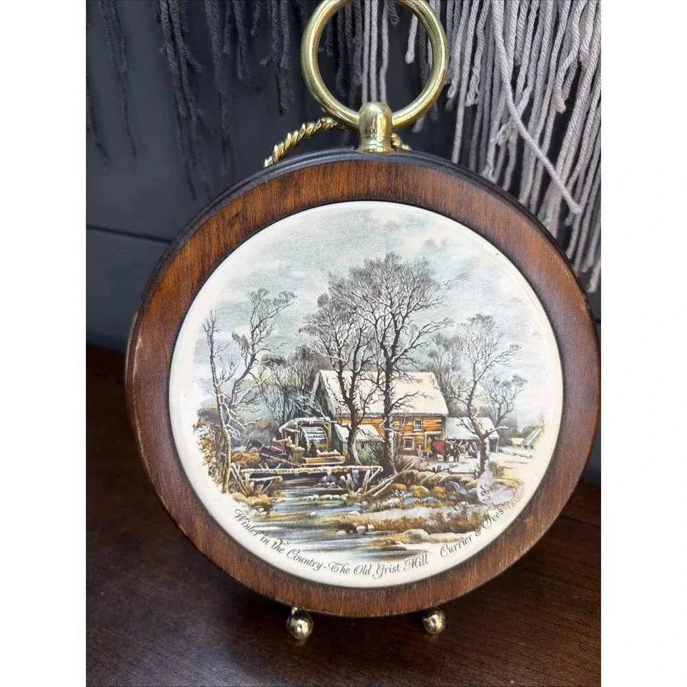 Set 4 Currier & Ives American Homestead Wall Plaques Wood Ceramic Plate Vintage
